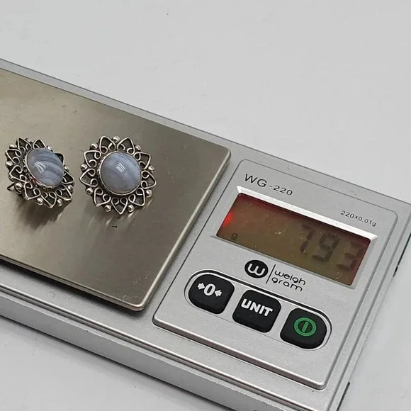 Vintage Sterling Silver CII Mexico Blue Lace Agate Sun Burst Earrings - Picture 5 of 6